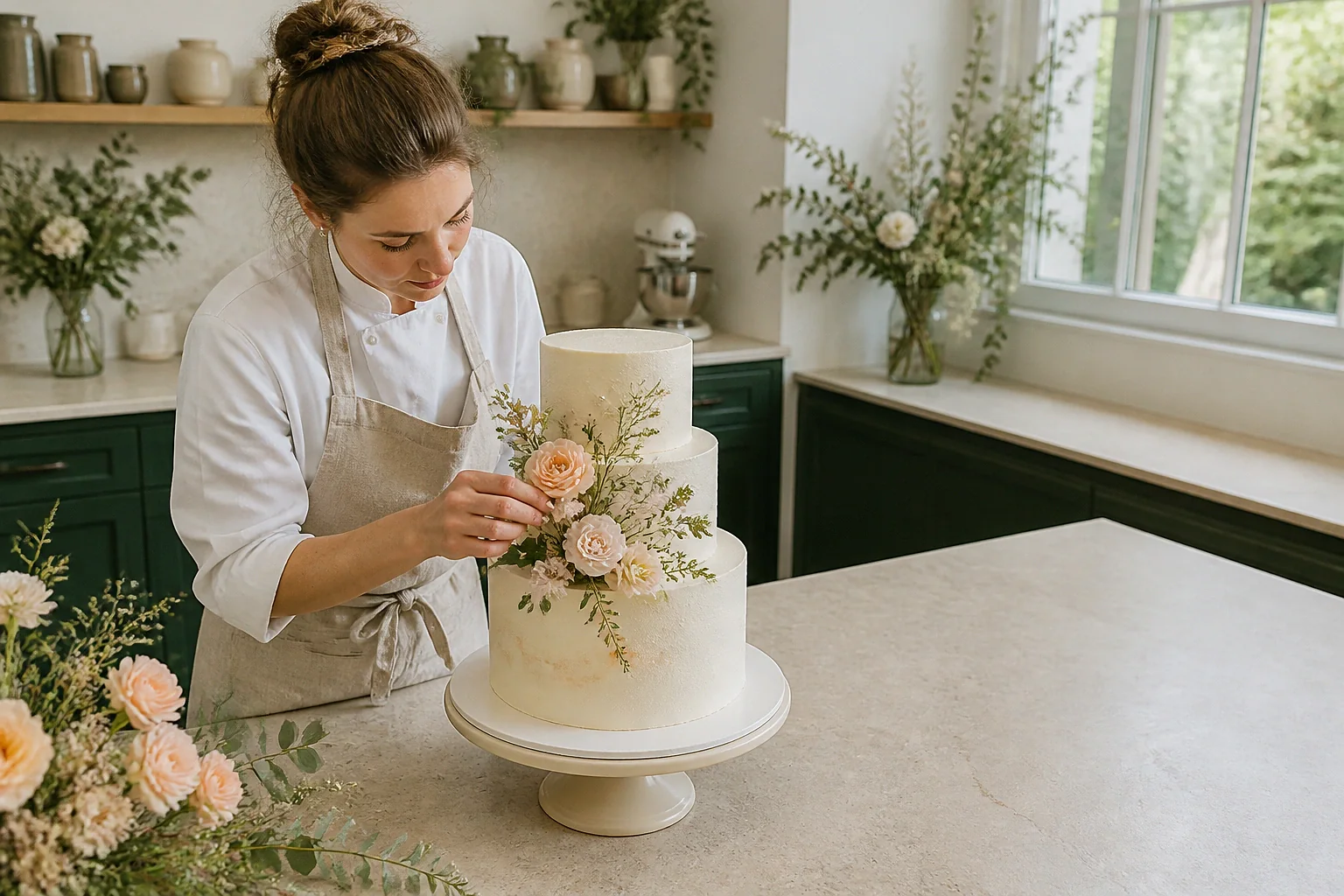 Gâteau de mariage préparé dans un atelier — illustration générée par IA