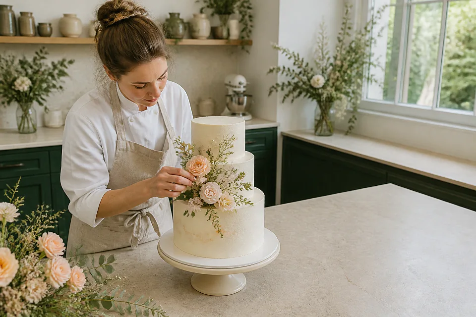 Gâteau de mariage préparé dans un atelier — illustration générée par IA
