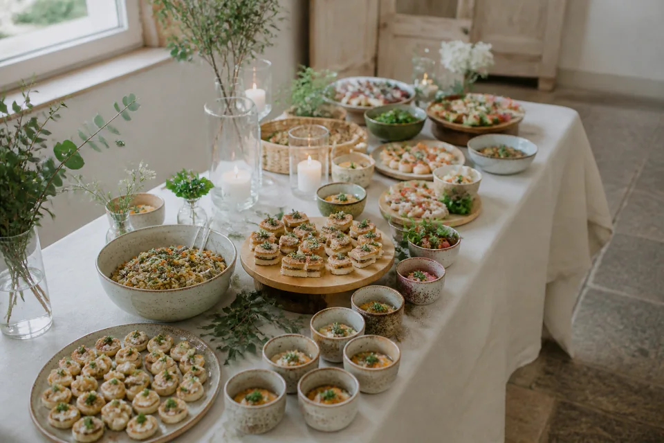 Préparations salées pour un cocktail de mariage — illustration générée par IA