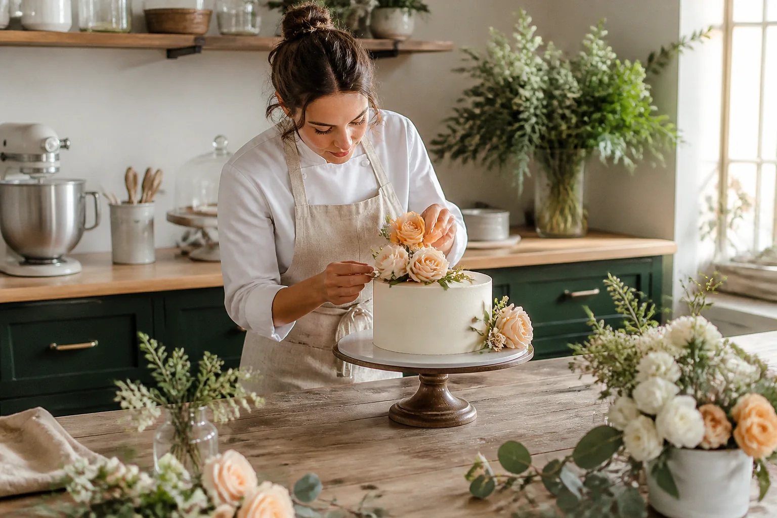 Gâteau de mariage préparé dans un atelier — illustration générée par IA