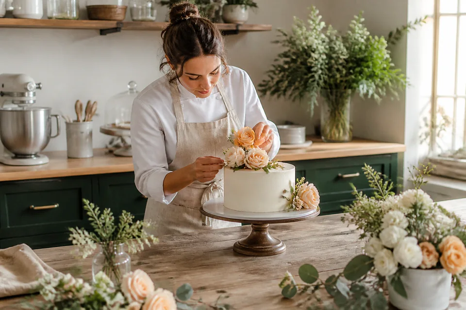 Gâteau de mariage préparé dans un atelier — illustration générée par IA