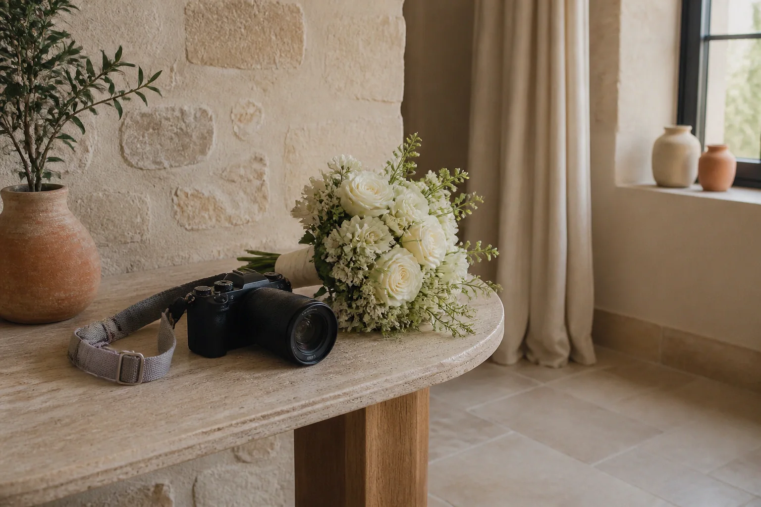 Appareil photo et accessoires de reportage de mariage — illustration générée par IA