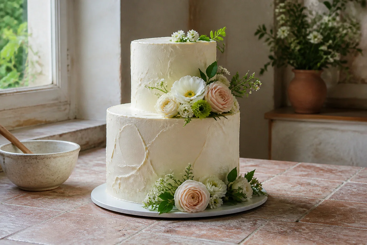 Gâteau de mariage préparé dans un atelier — illustration générée par IA