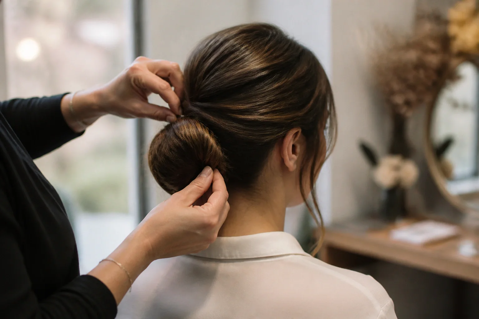 Coiffure de cérémonie vue pendant la préparation — illustration générée par IA
