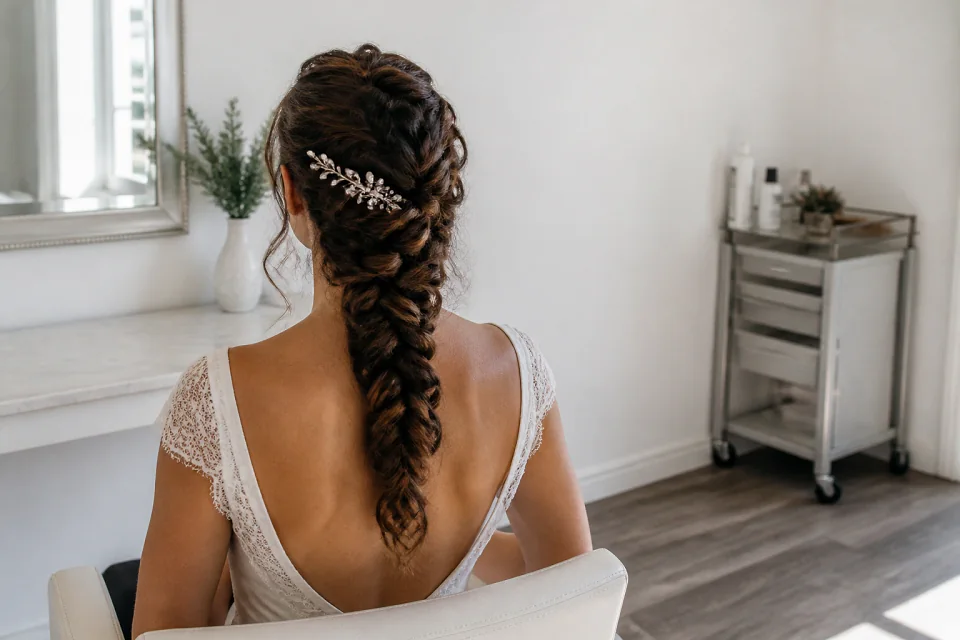 Coiffure de cérémonie vue pendant la préparation — illustration générée par IA