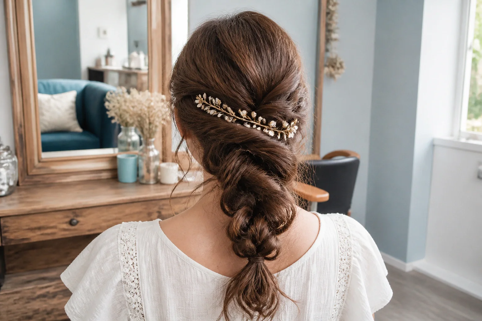 Coiffure de cérémonie vue pendant la préparation — illustration générée par IA