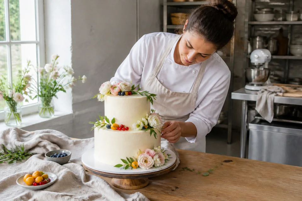 Gâteau de mariage préparé dans un atelier — illustration générée par IA