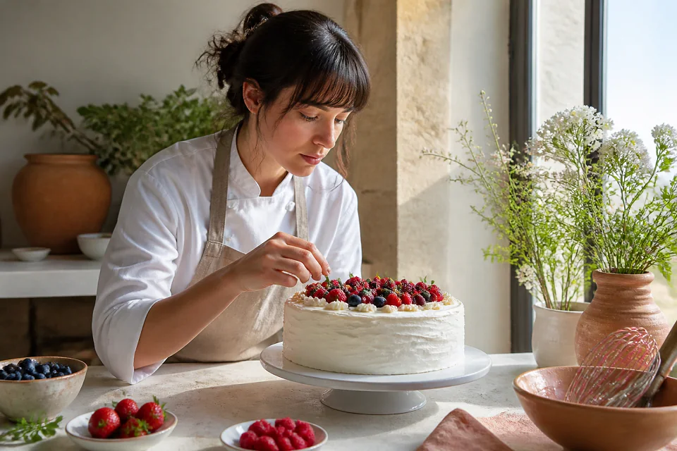 Gâteau de mariage préparé dans un atelier — illustration générée par IA