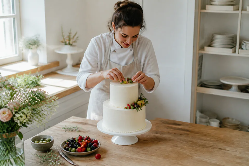 Gâteau de mariage préparé dans un atelier — illustration générée par IA