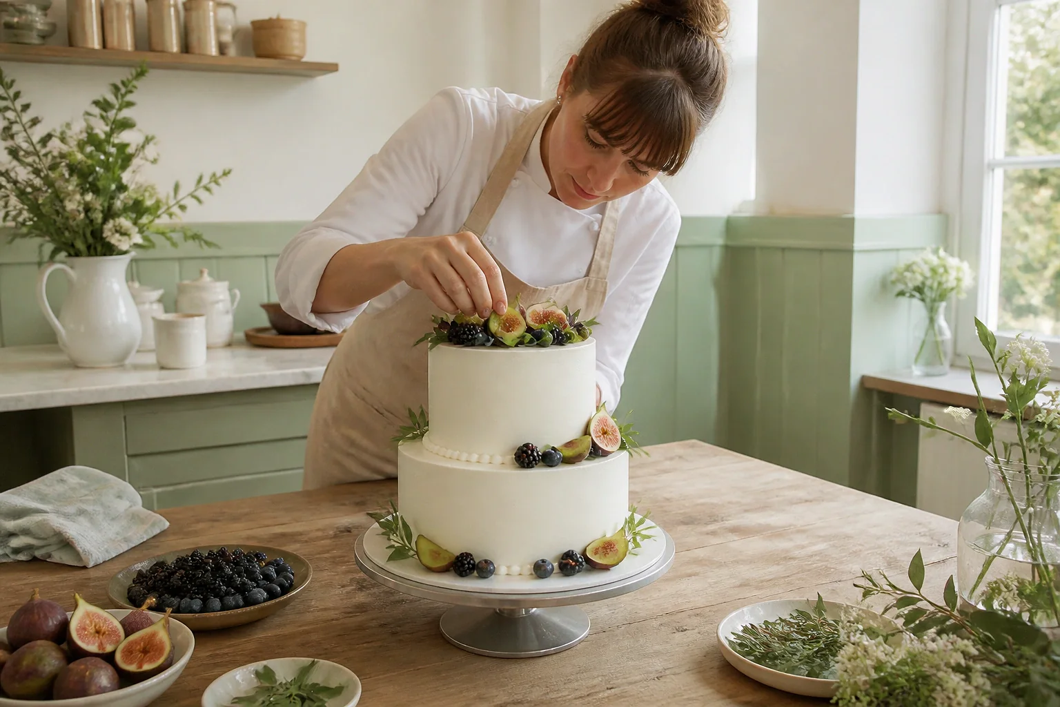 Gâteau de mariage préparé dans un atelier — illustration générée par IA