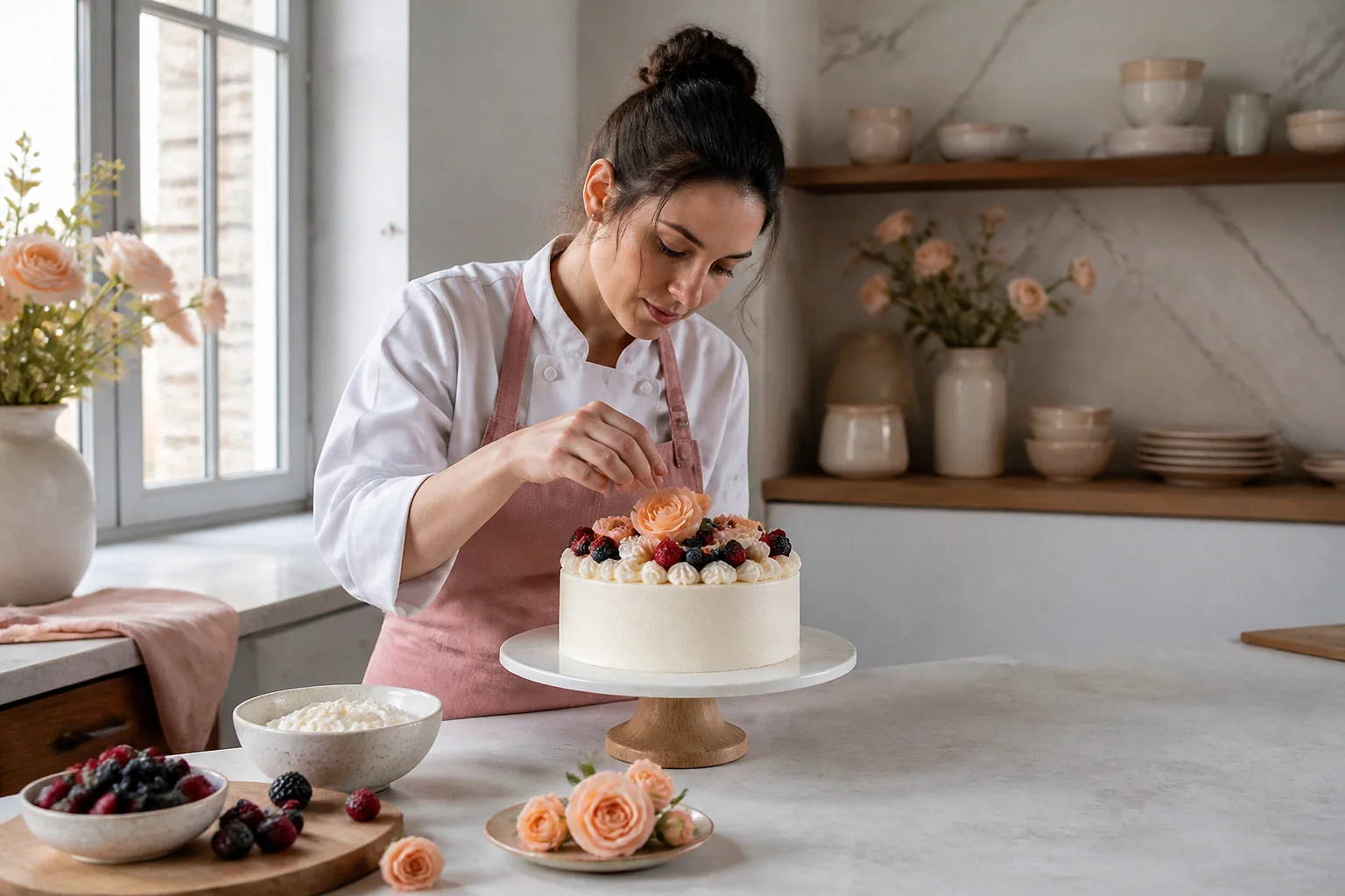 Gâteau de mariage préparé dans un atelier — illustration générée par IA