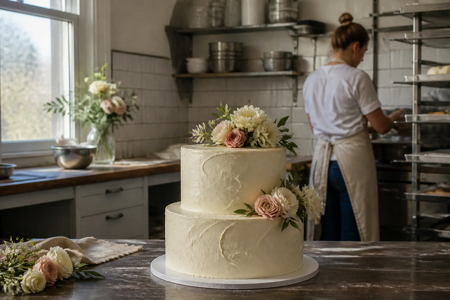 Gâteau de mariage préparé dans un atelier — illustration générée par IA