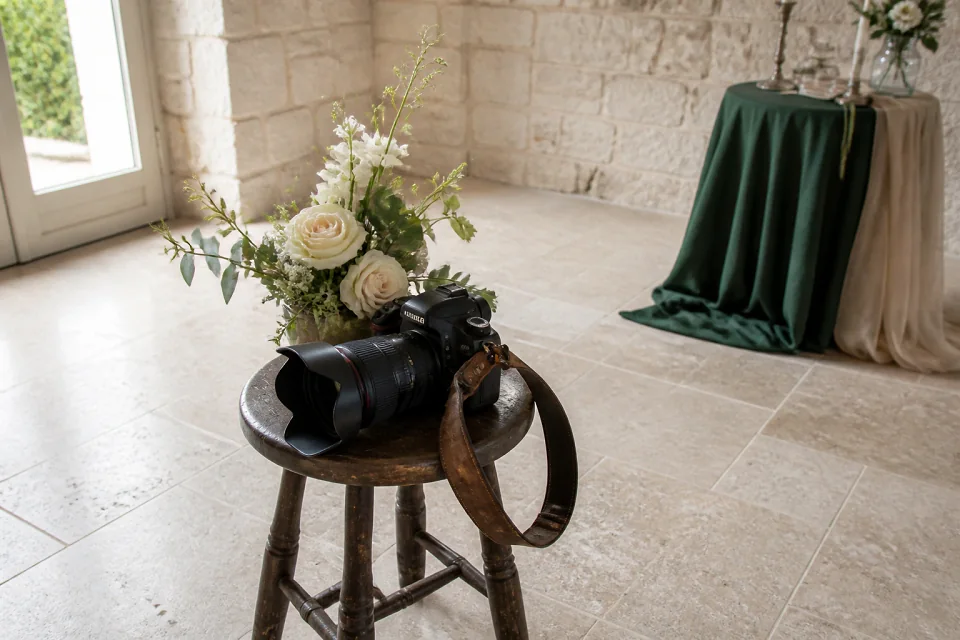 Appareil photo et accessoires de reportage de mariage — illustration générée par IA