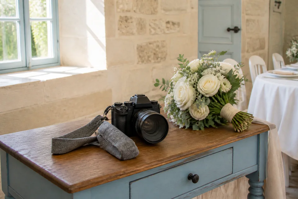 Appareil photo et accessoires de reportage de mariage — illustration générée par IA