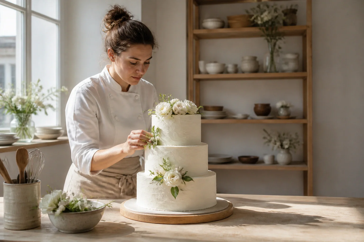 Gâteau de mariage préparé dans un atelier — illustration générée par IA