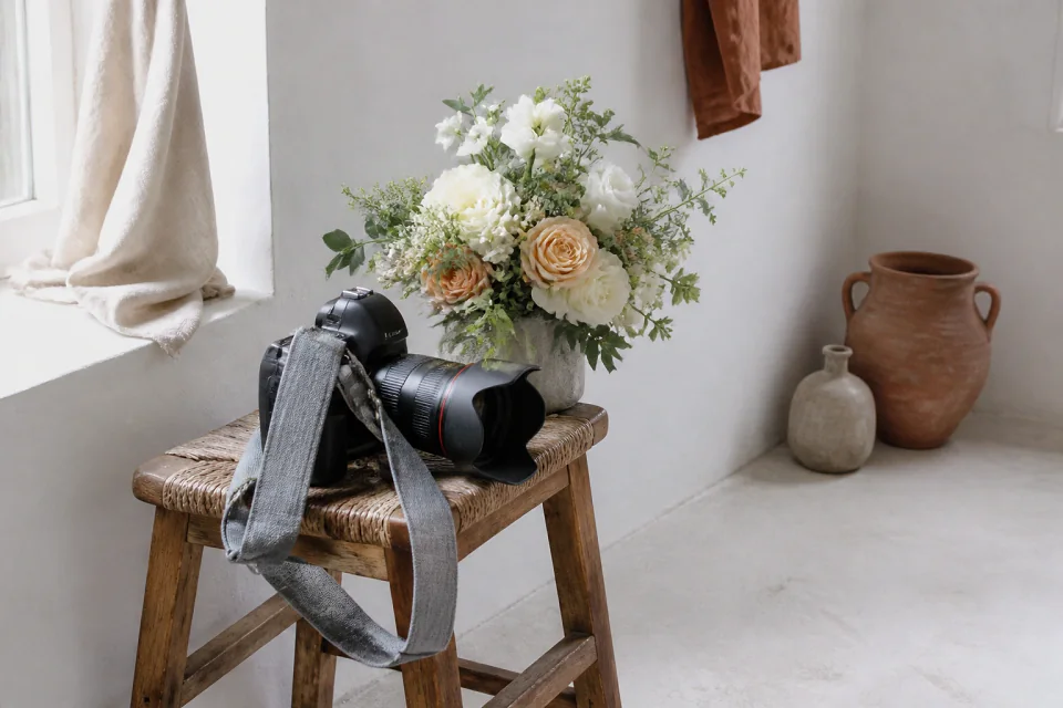 Appareil photo et accessoires de reportage de mariage — illustration générée par IA