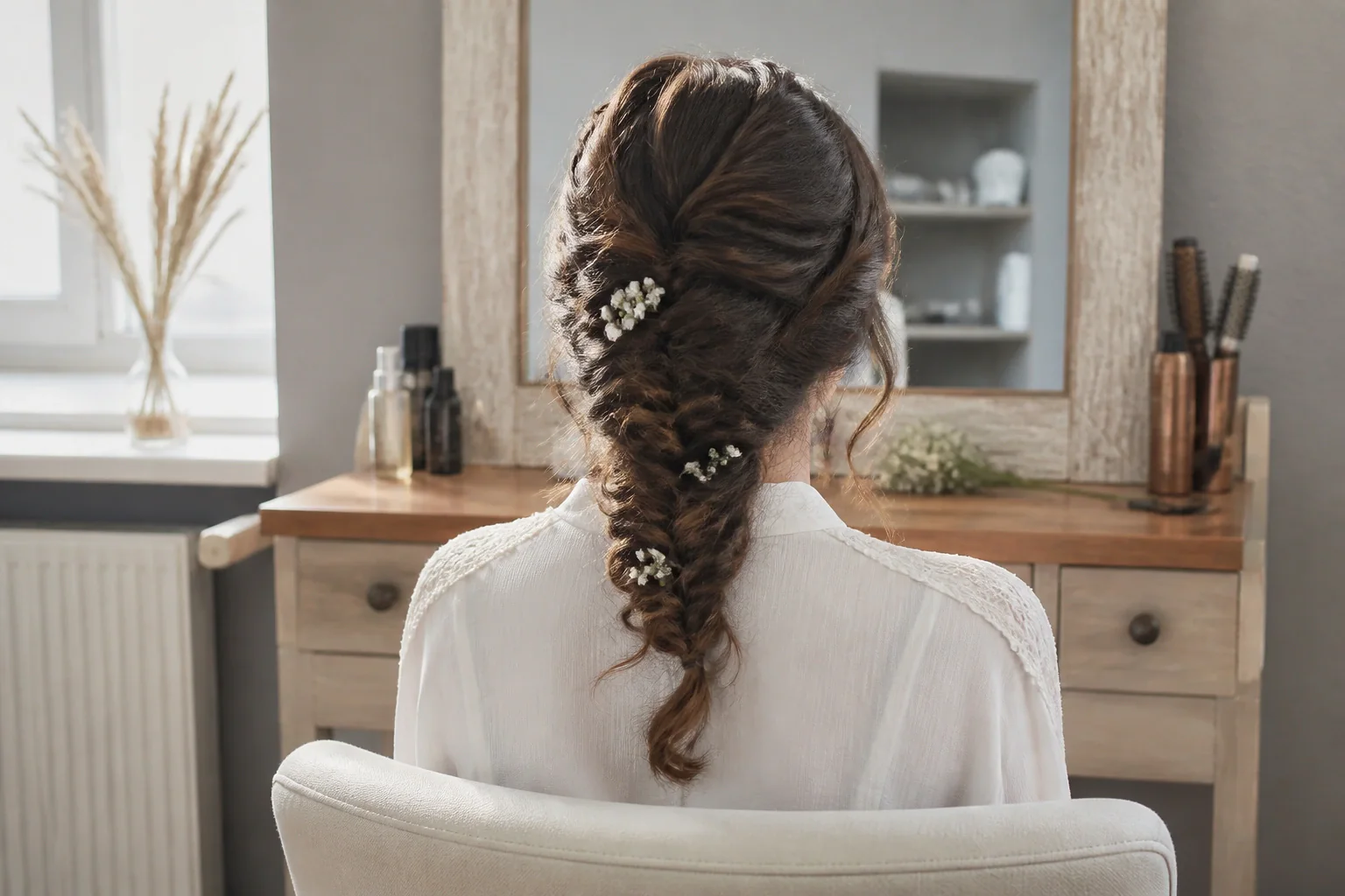 Coiffure de cérémonie vue pendant la préparation — illustration générée par IA