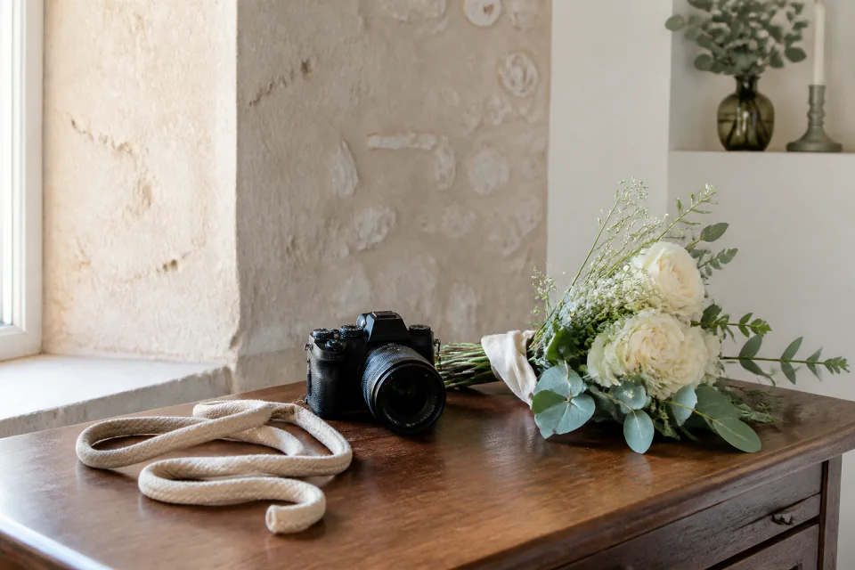 Appareil photo et accessoires de reportage de mariage — illustration générée par IA