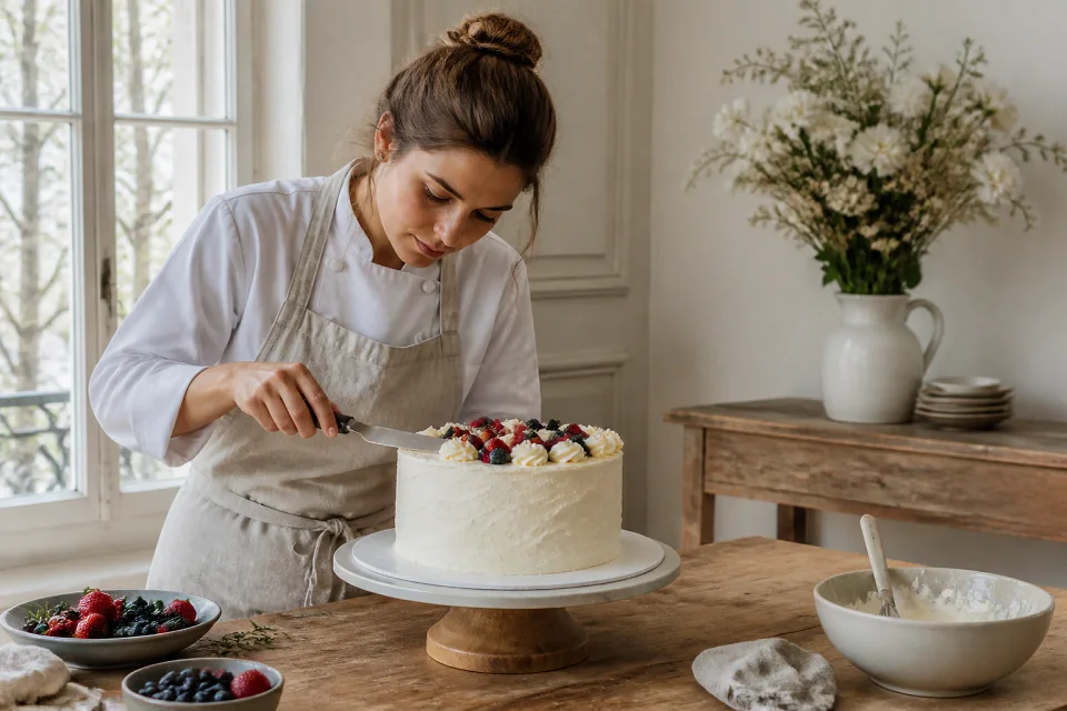 Gâteau de mariage préparé dans un atelier — illustration générée par IA