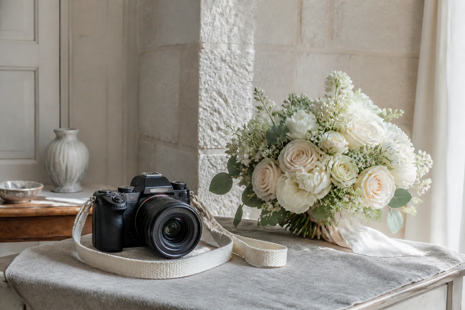 Appareil photo et accessoires de reportage de mariage — illustration générée par IA