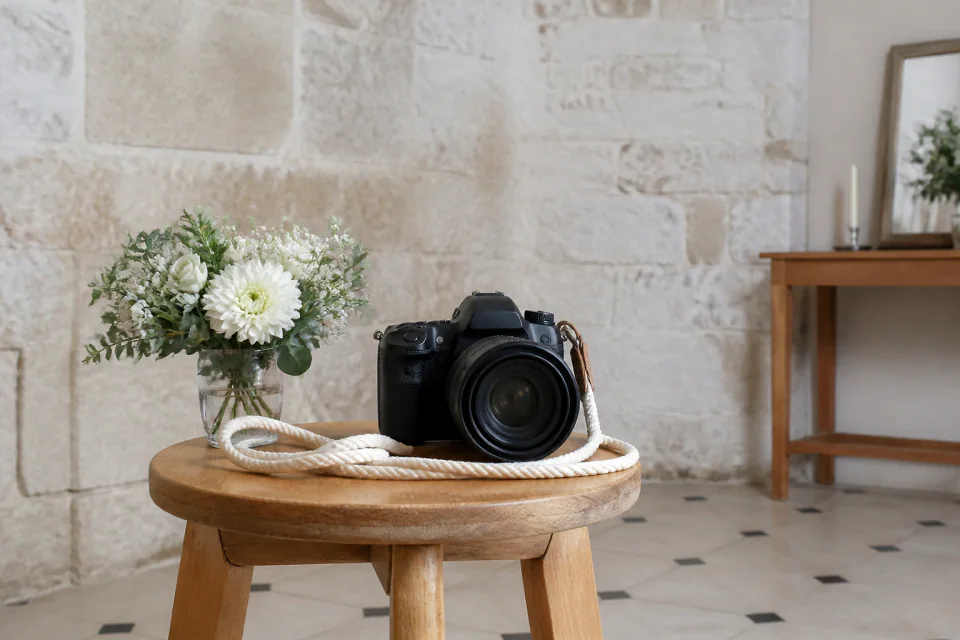 Appareil photo et accessoires de reportage de mariage — illustration générée par IA
