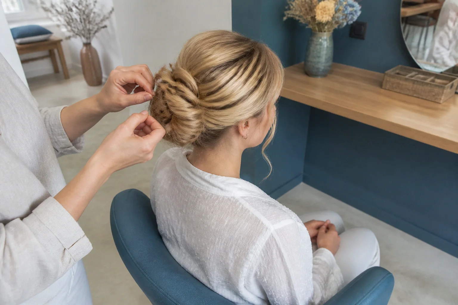 Coiffure de cérémonie vue pendant la préparation — illustration générée par IA