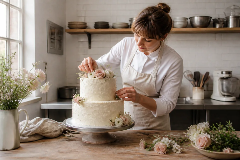 Gâteau de mariage préparé dans un atelier — illustration générée par IA