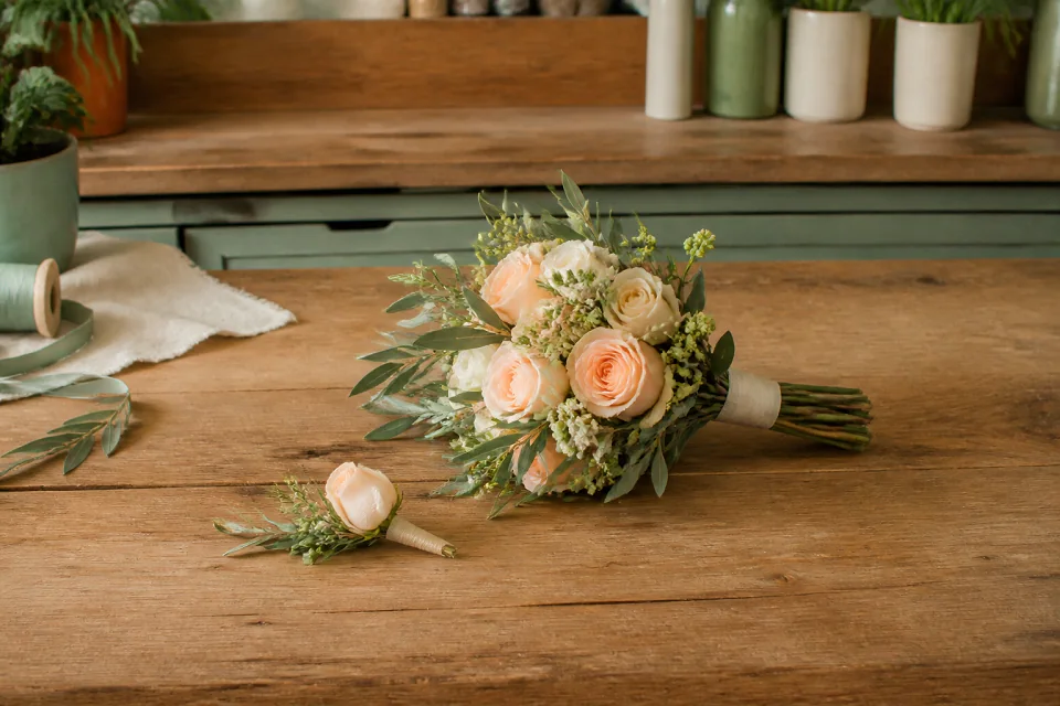 Préparation florale pour un mariage — illustration générée par IA