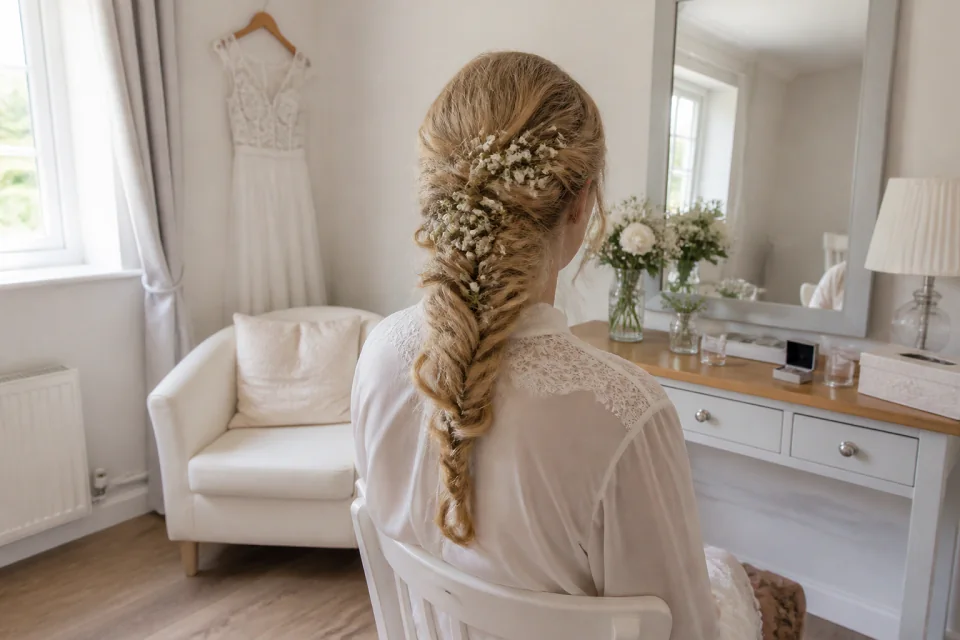 Coiffure de cérémonie vue pendant la préparation — illustration générée par IA