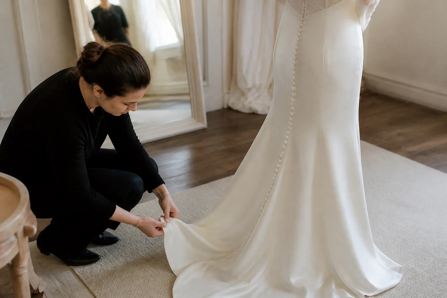 Robe de mariée dans un atelier de confection — illustration générée par IA