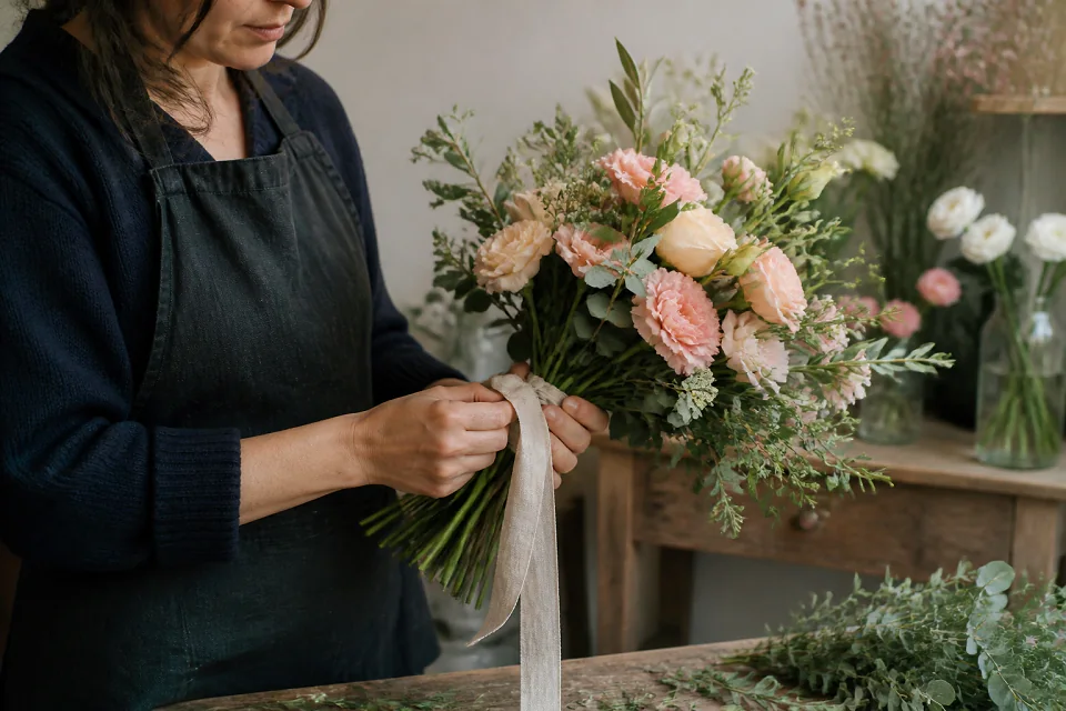 Préparation florale pour un mariage — illustration générée par IA