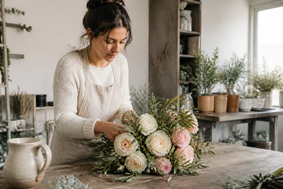 Préparation florale pour un mariage — illustration générée par IA