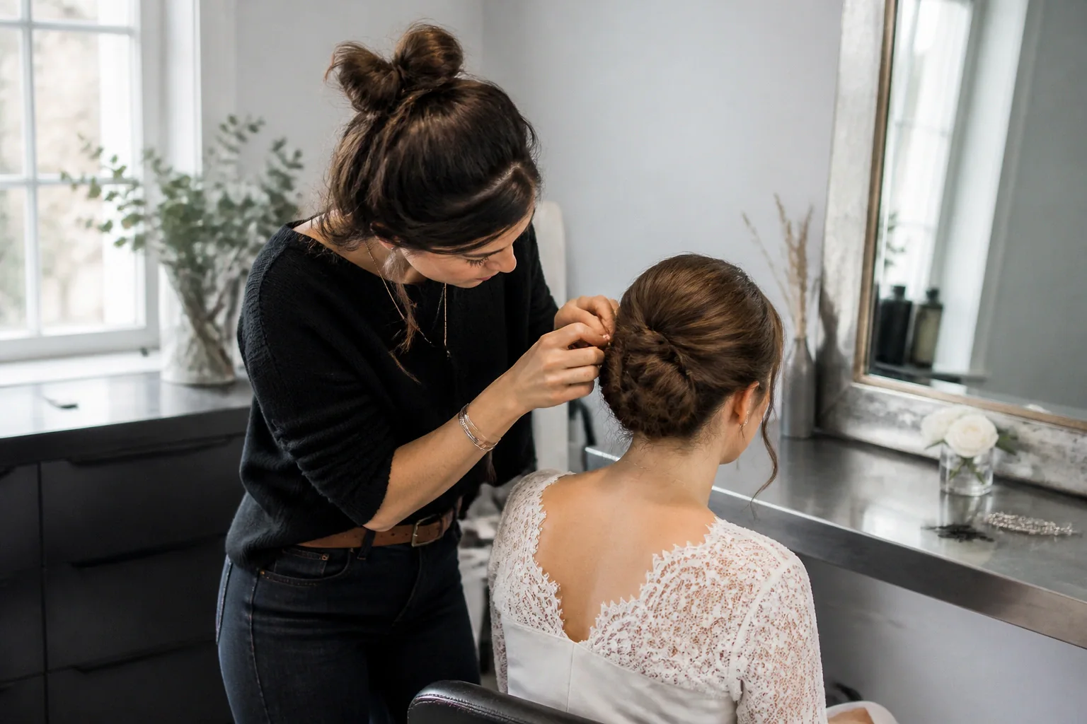 Coiffure de cérémonie vue pendant la préparation — illustration générée par IA