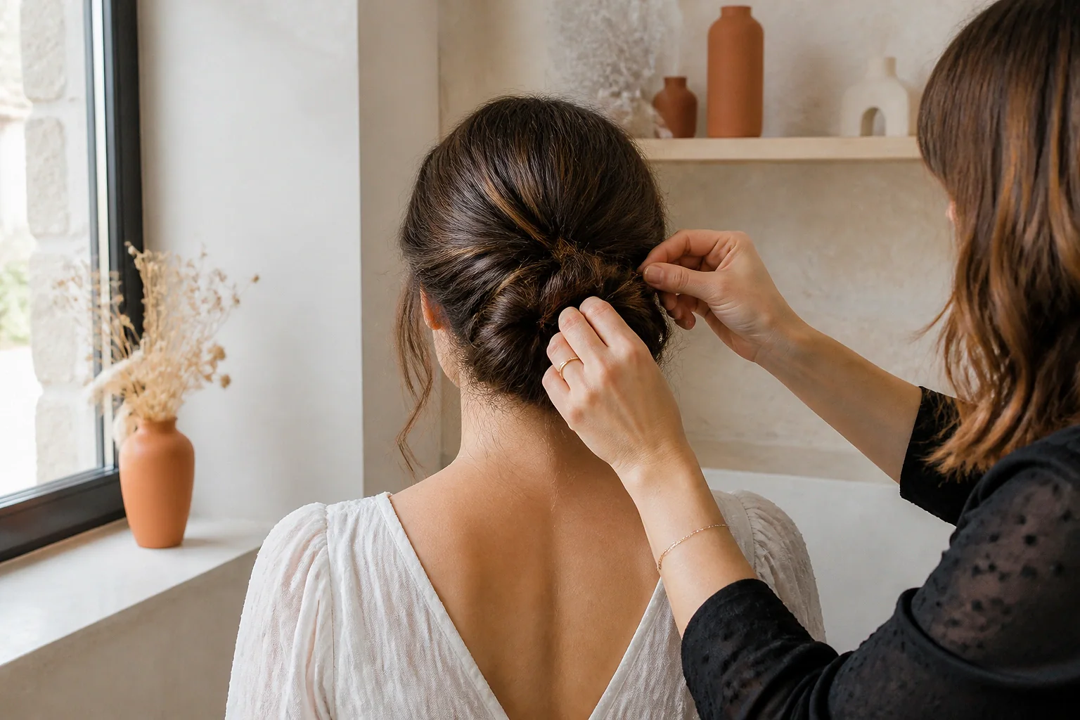 Coiffure de cérémonie vue pendant la préparation — illustration générée par IA