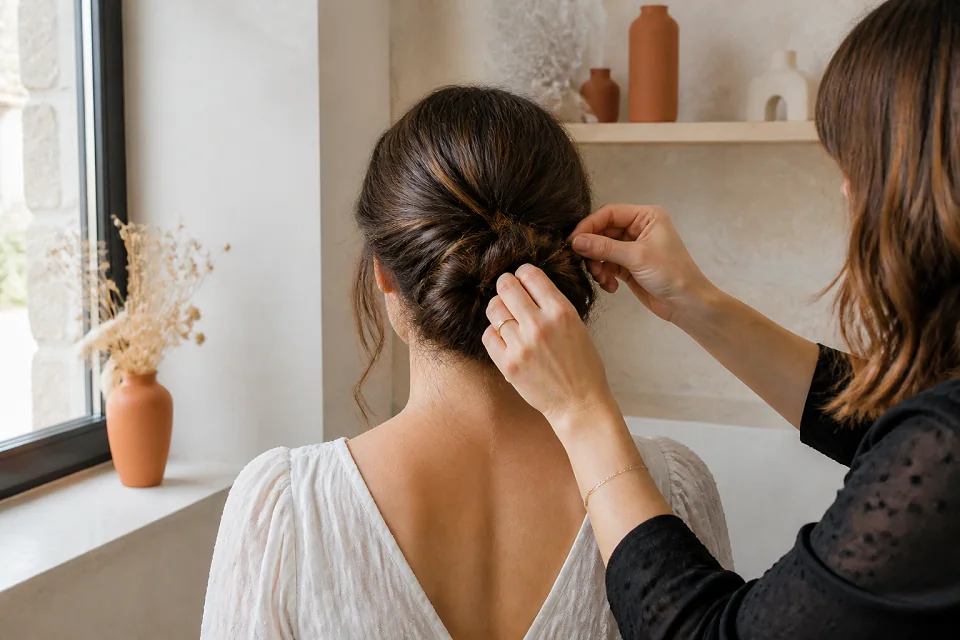Coiffure de cérémonie vue pendant la préparation — illustration générée par IA