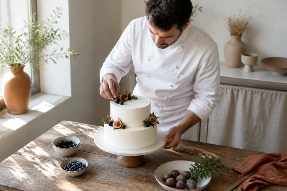 Gâteau de mariage préparé dans un atelier — illustration générée par IA