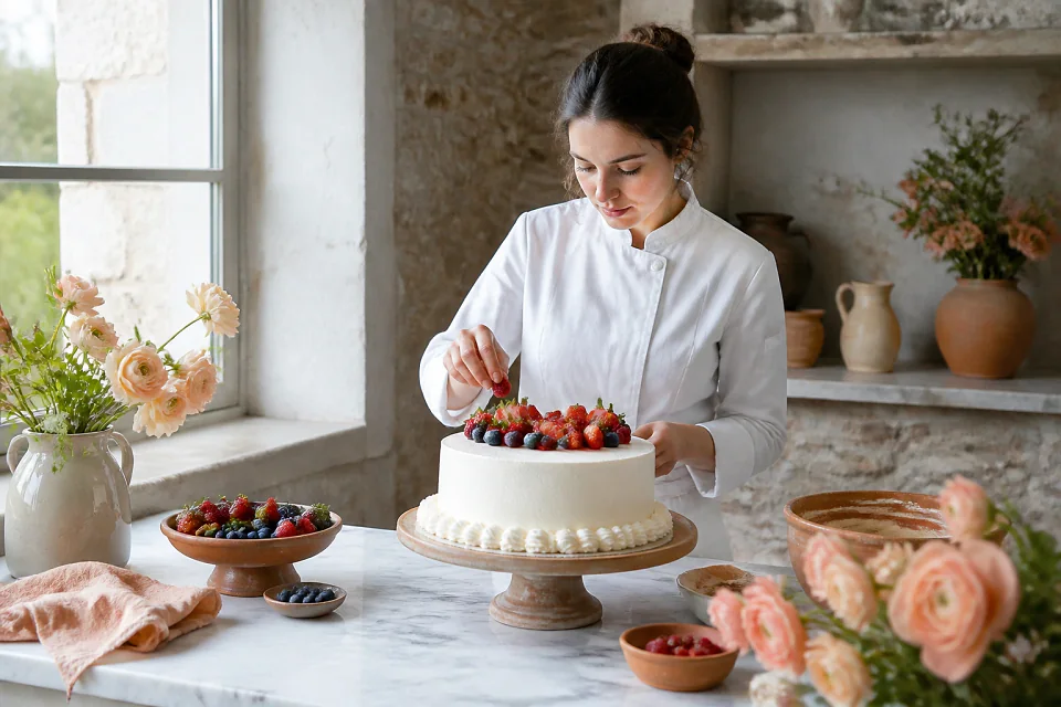 Gâteau de mariage préparé dans un atelier — illustration générée par IA
