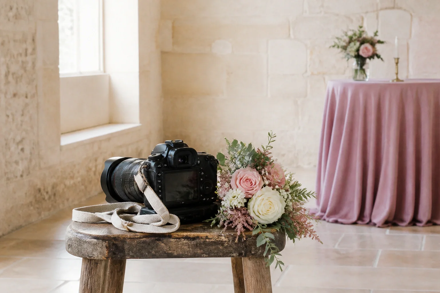 Appareil photo et accessoires de reportage de mariage — illustration générée par IA
