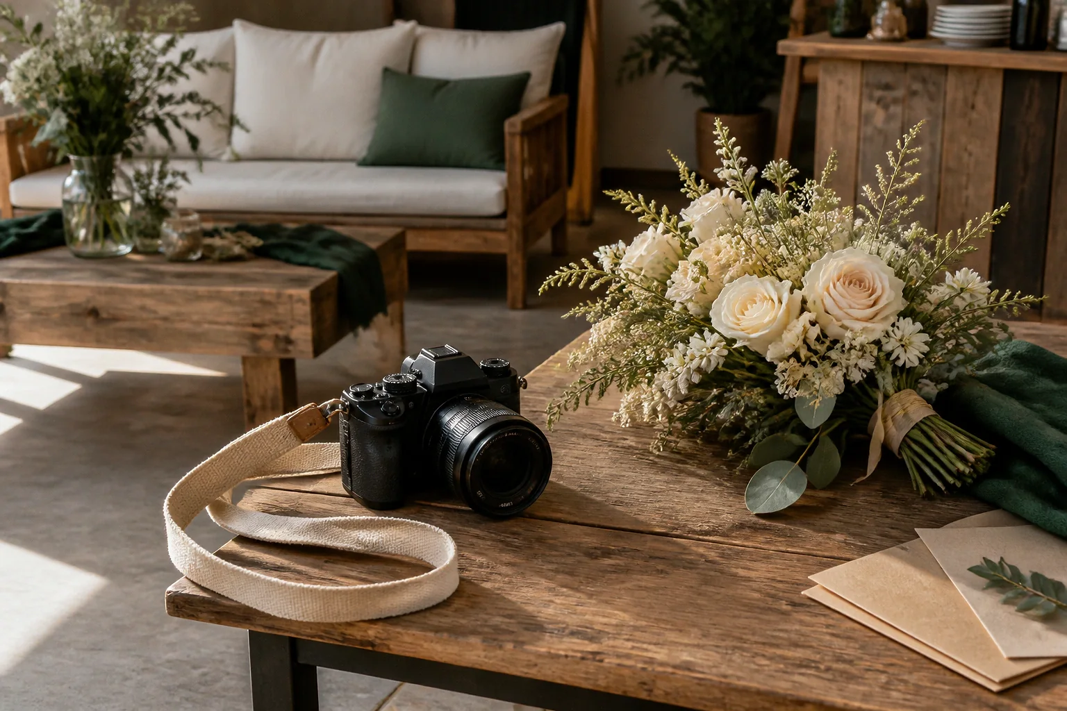 Appareil photo et accessoires de reportage de mariage — illustration générée par IA