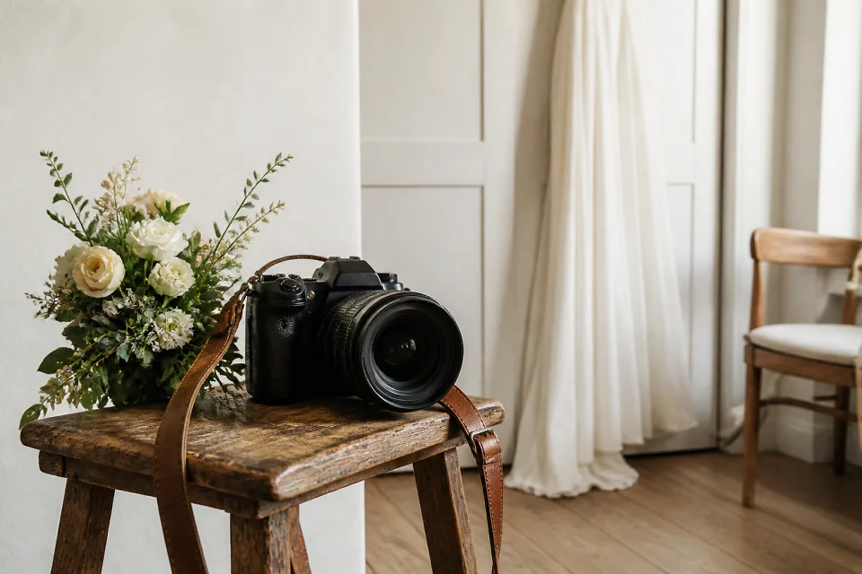 Appareil photo et accessoires de reportage de mariage — illustration générée par IA