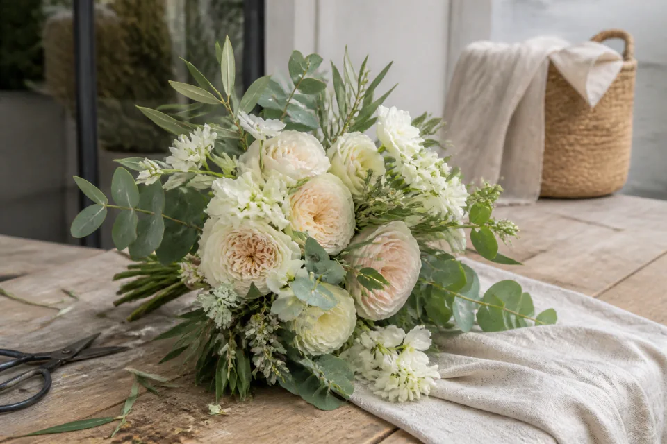 Préparation florale pour un mariage — illustration générée par IA