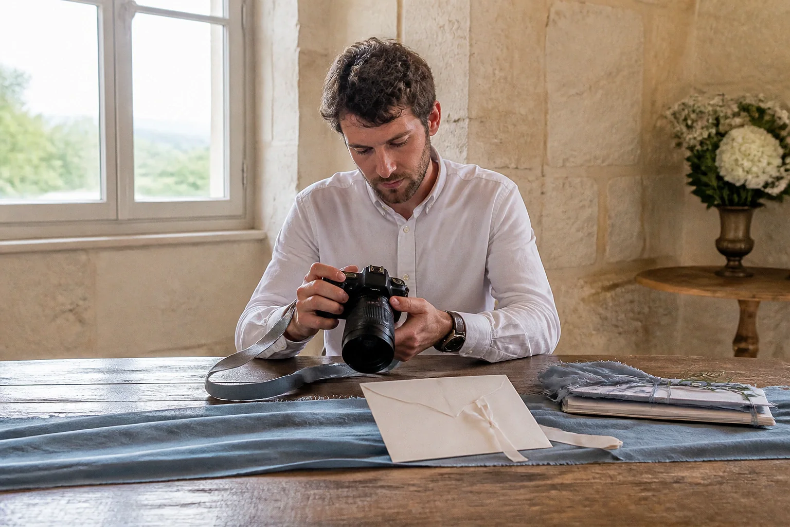 Appareil photo et accessoires de reportage de mariage — illustration générée par IA