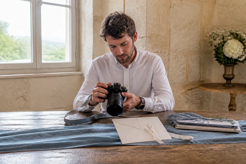 Appareil photo et accessoires de reportage de mariage — illustration générée par IA