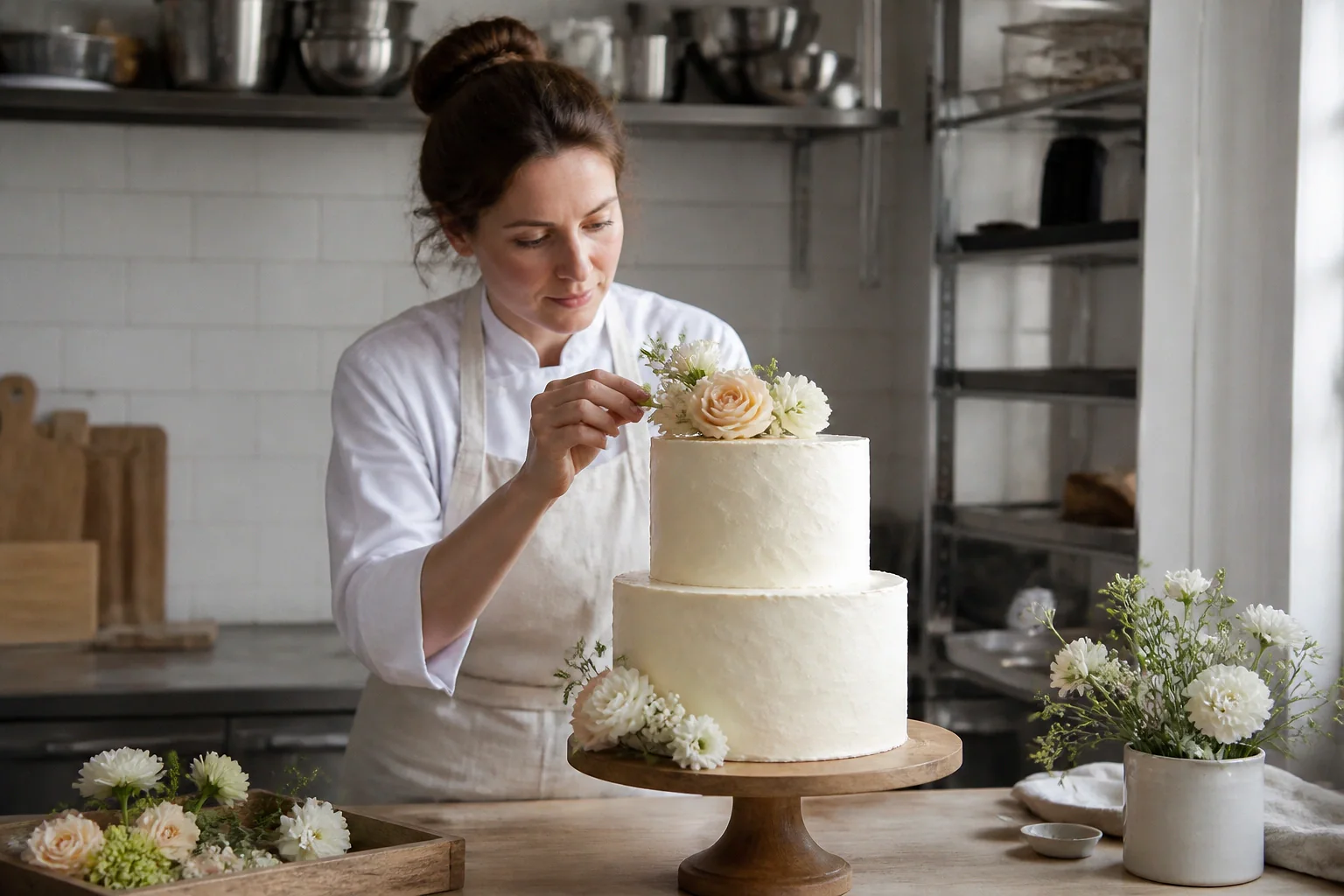 Gâteau de mariage préparé dans un atelier — illustration générée par IA