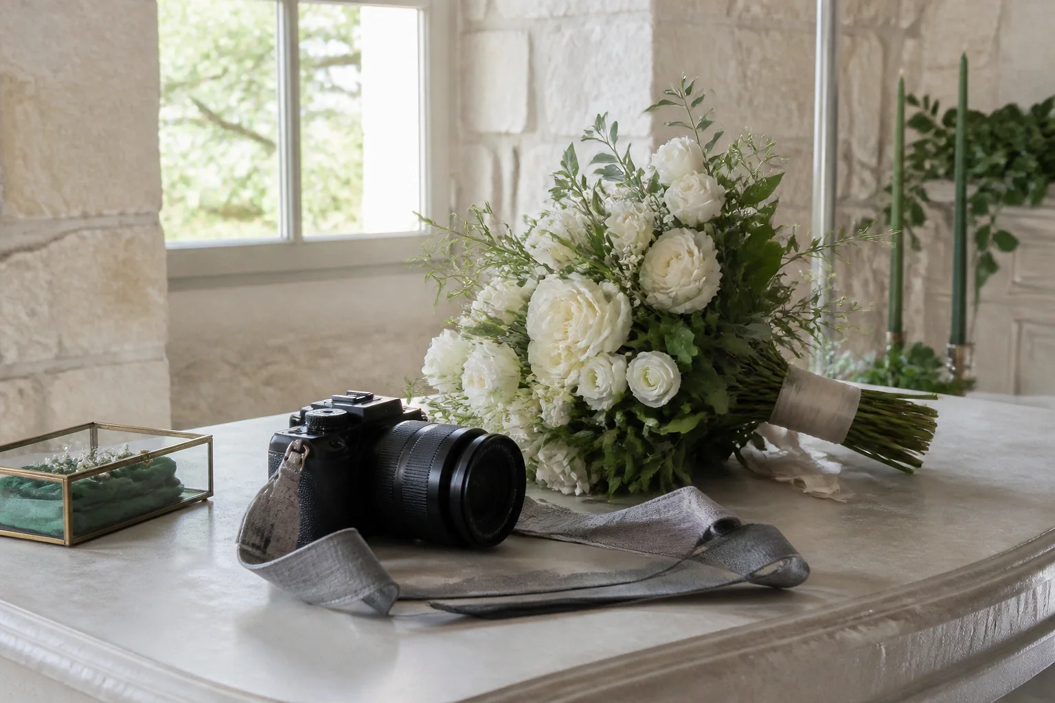 Appareil photo et accessoires de reportage de mariage — illustration générée par IA
