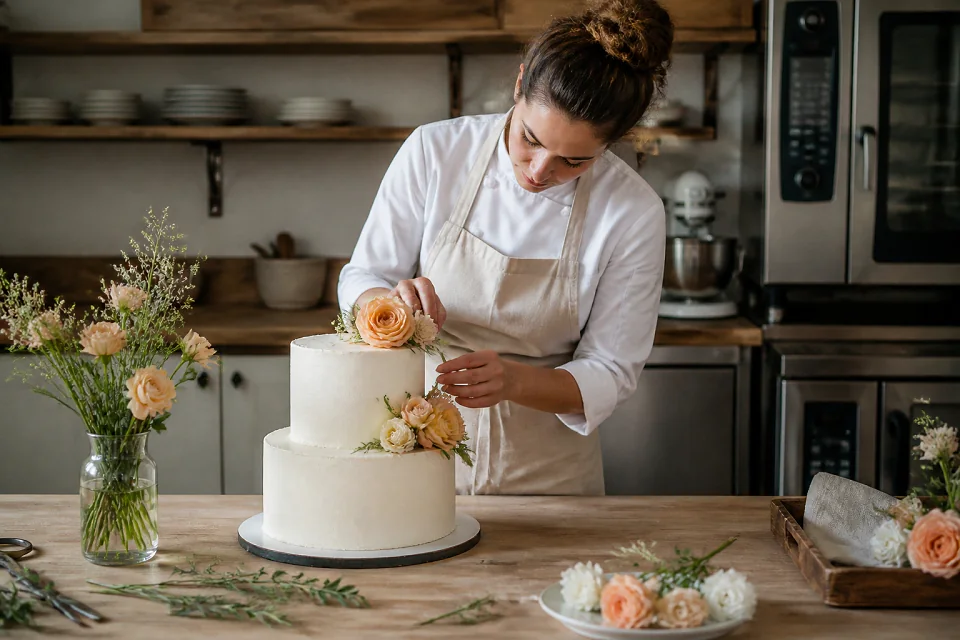 Gâteau de mariage préparé dans un atelier — illustration générée par IA