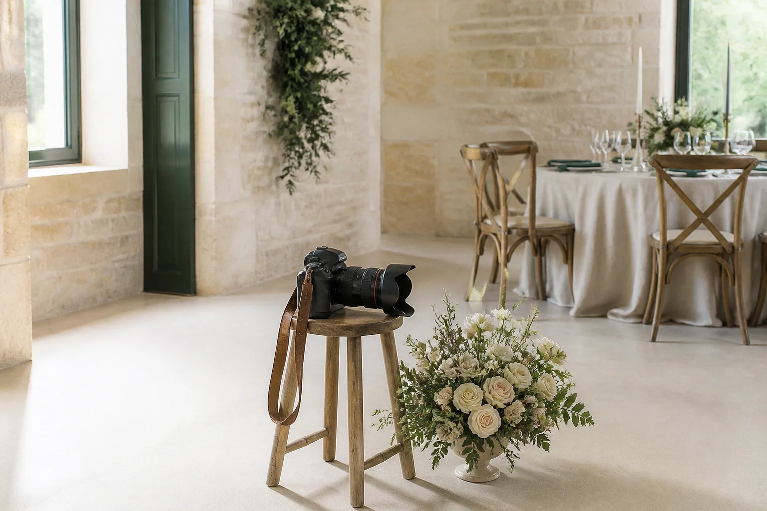 Appareil photo et accessoires de reportage de mariage — illustration générée par IA