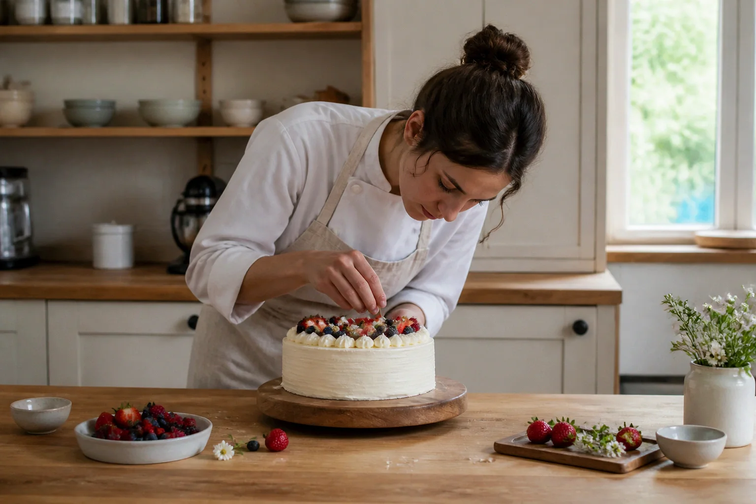 Gâteau de mariage préparé dans un atelier — illustration générée par IA