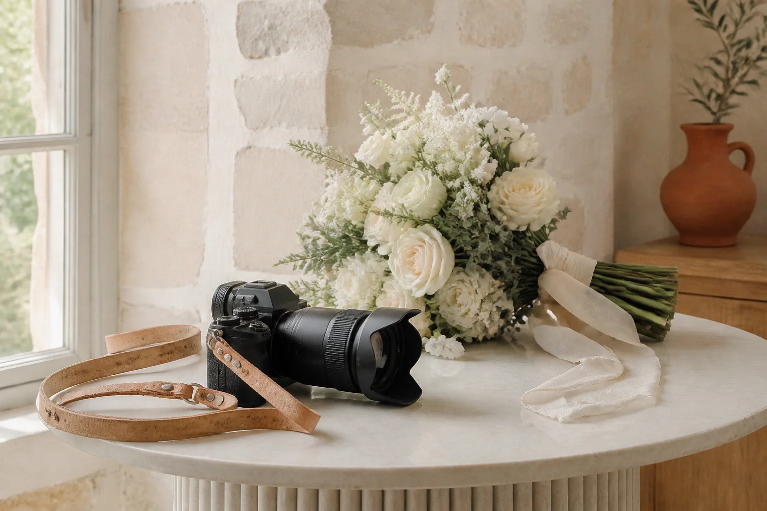 Appareil photo et accessoires de reportage de mariage — illustration générée par IA