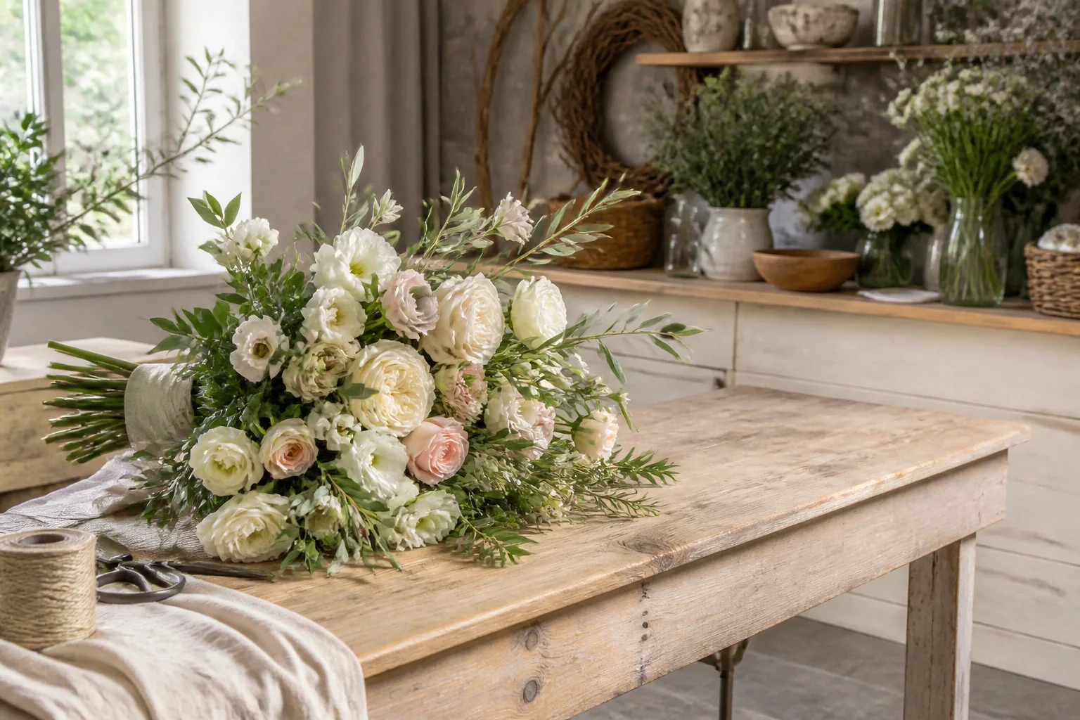 Préparation florale pour un mariage — illustration générée par IA